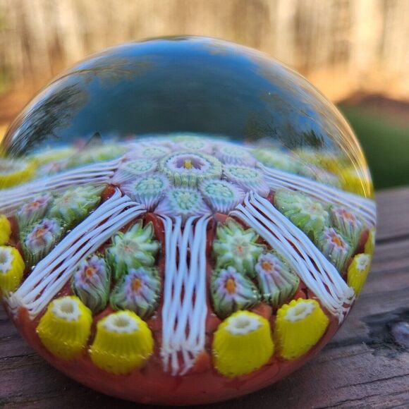 STRATHEARN Art Glass Scotland Millefiori Spoke Latticino Paperweight Red Yellow - Picture 3 of 7